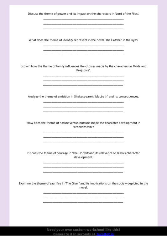 Free Worksheet - Year 8 English Analysing Themes in Literature Short Answer Response