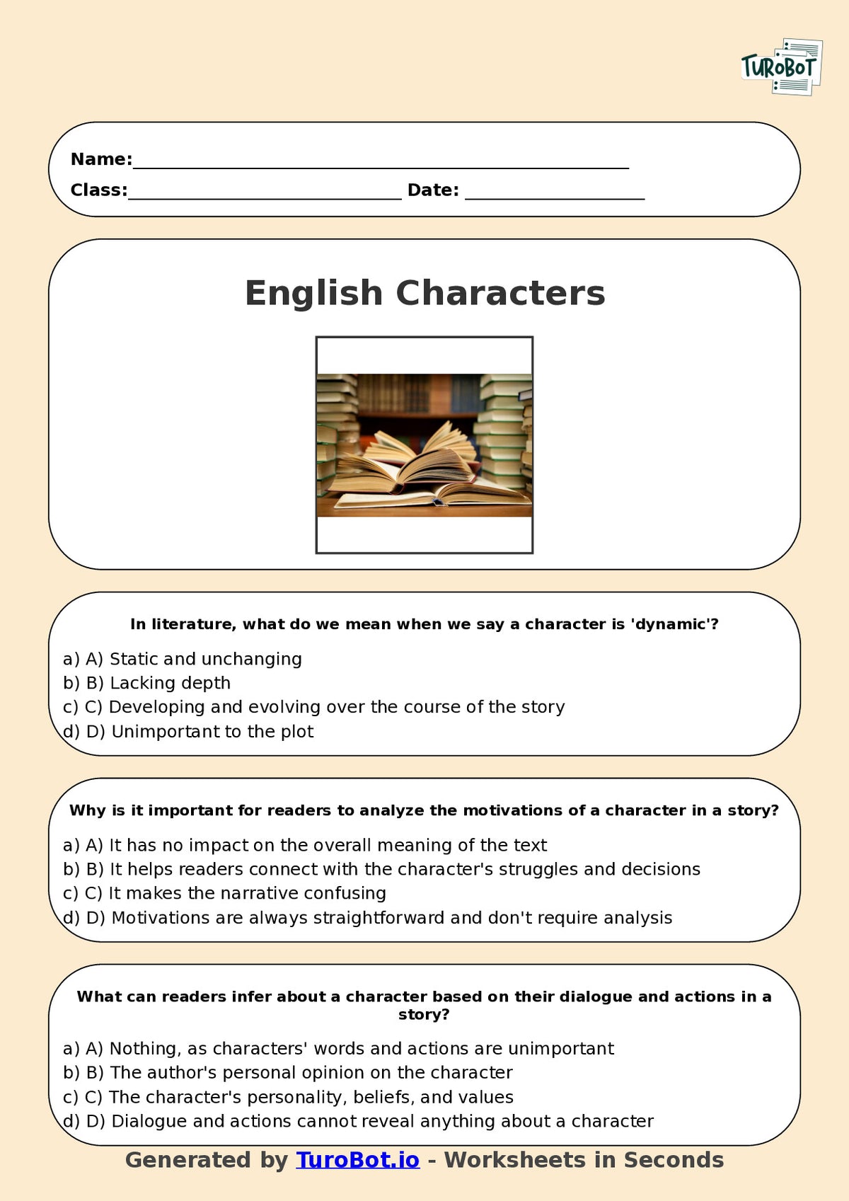 Year 9 English Multiple Choice Worksheet – Analysing Characters