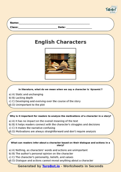 Year 9 English Multiple Choice Worksheet – Analysing Characters