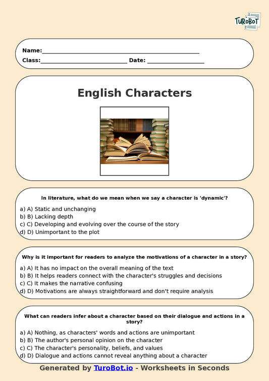 Year 9 English Multiple Choice Worksheet – Analysing Characters