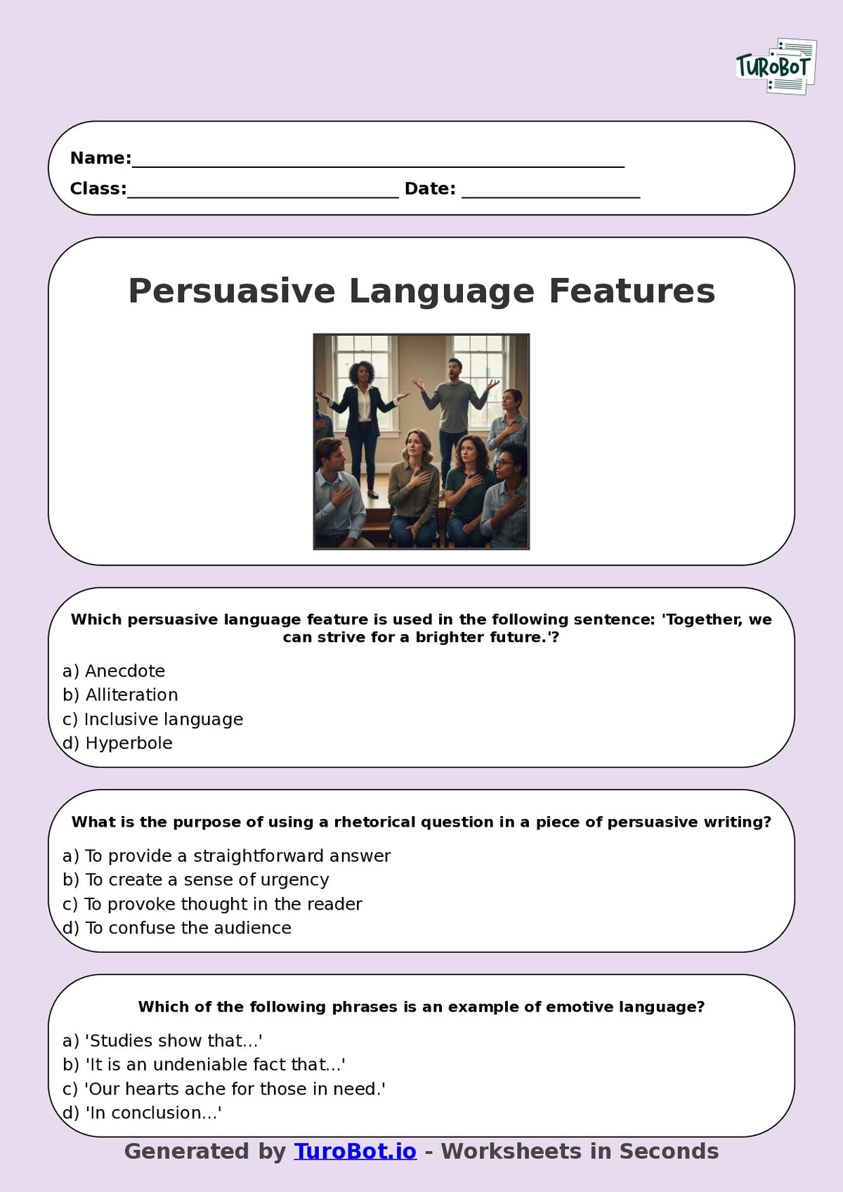 Year 9 English Multiple Choice Worksheet – Persuasive Language Features
