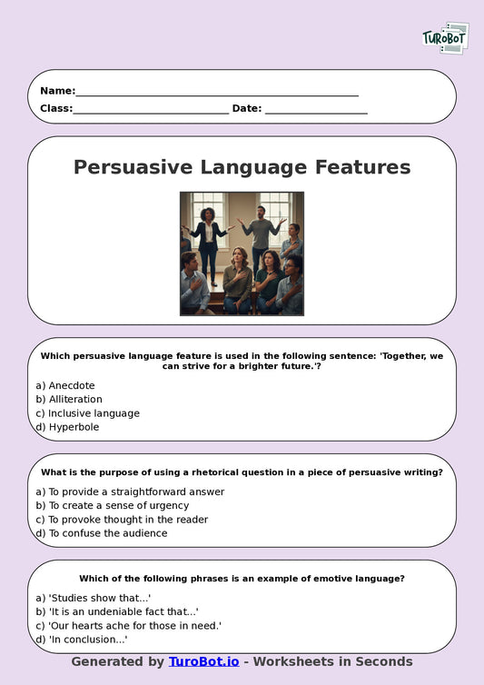 Year 9 English Multiple Choice Worksheet – Persuasive Language Features