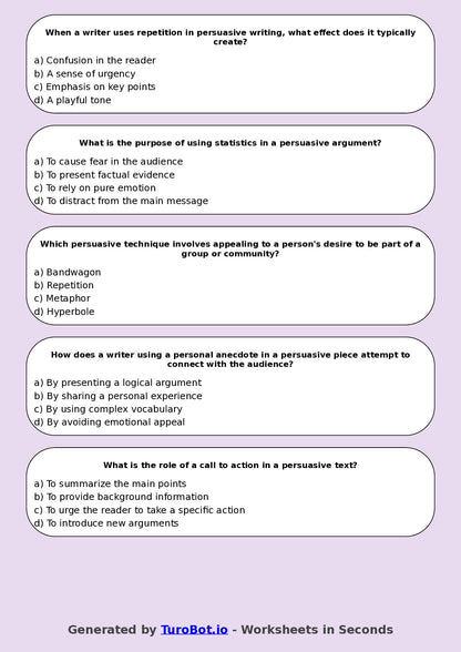 Year 9 English Multiple Choice Worksheet – Persuasive Language Features