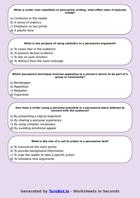 Year 9 English Multiple Choice Worksheet – Persuasive Language Features