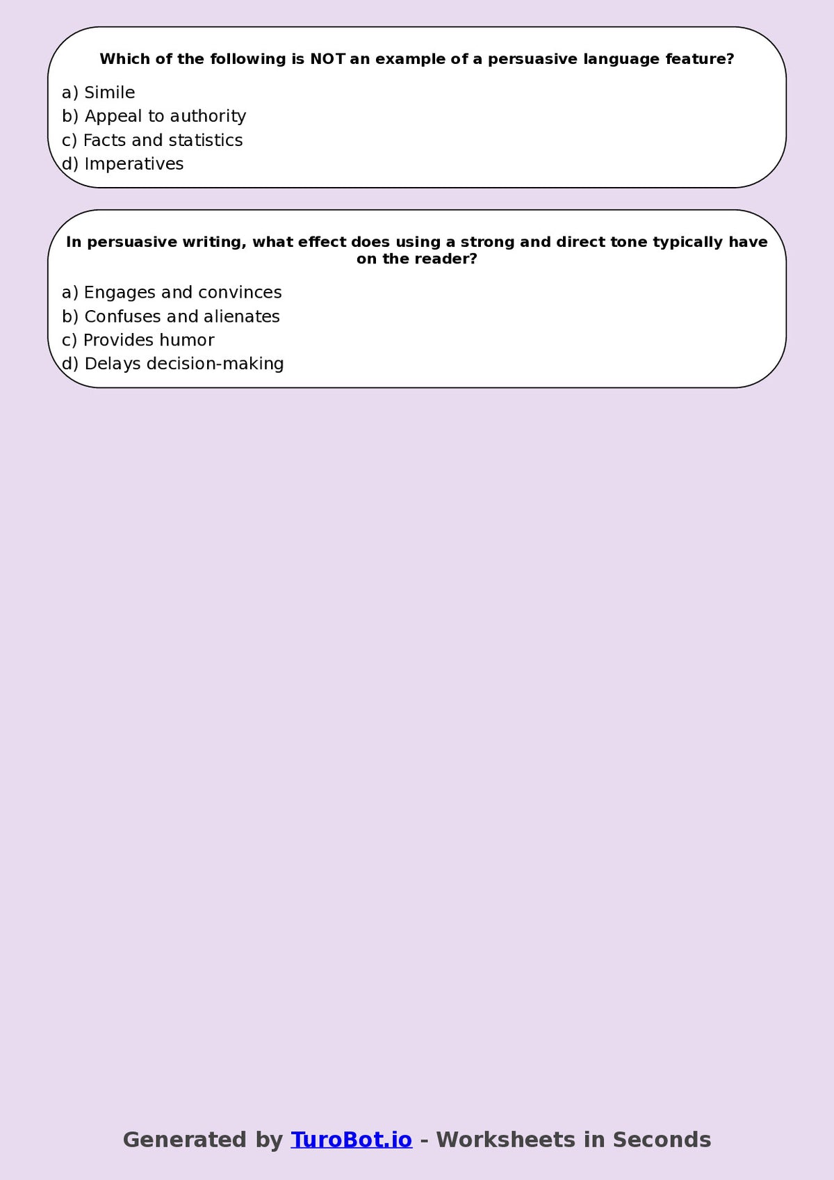 Year 9 English Multiple Choice Worksheet – Persuasive Language Features