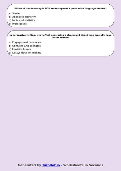 Year 9 English Multiple Choice Worksheet – Persuasive Language Features