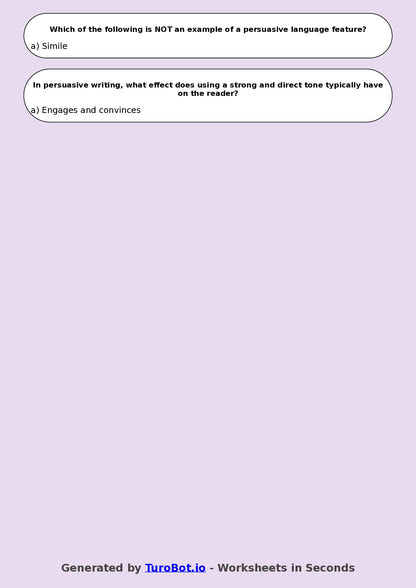 Year 9 English Multiple Choice Worksheet – Persuasive Language Features