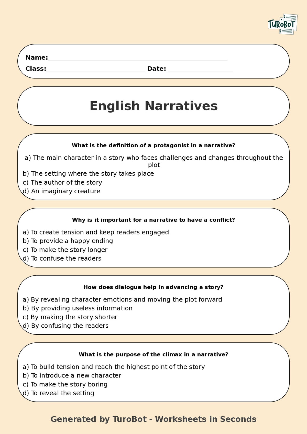 English - Year 9 Worksheet: Writing Narratives