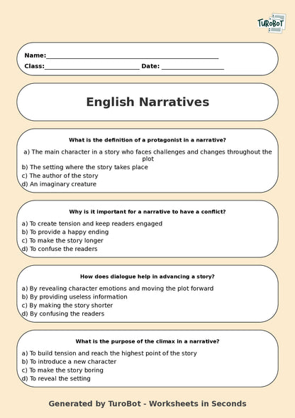 English - Year 9 Worksheet: Writing Narratives