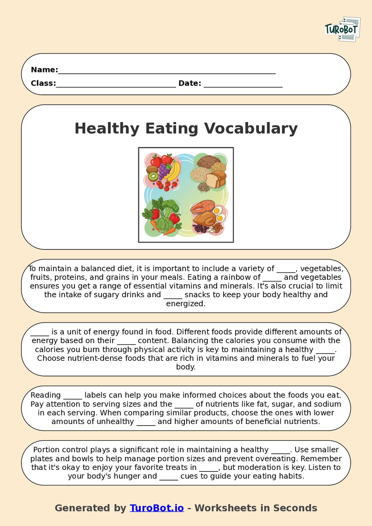 Year 5 Family and Consumer Science Fill in the Blanks Worksheet – Healthy Eating Vocabulary