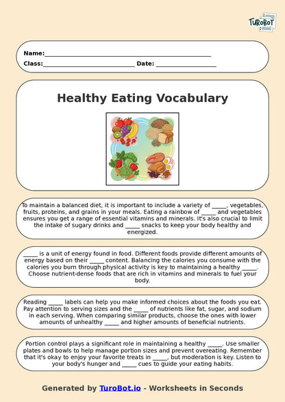Year 5 Family and Consumer Science Fill in the Blanks Worksheet – Healthy Eating Vocabulary