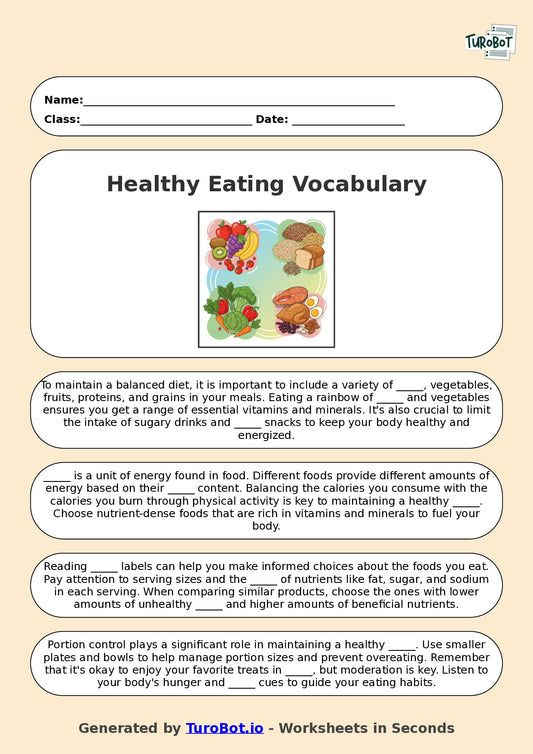 Year 5 Family and Consumer Science Fill in the Blanks Worksheet – Healthy Eating Vocabulary