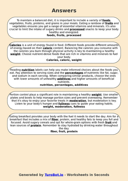 Year 5 Family and Consumer Science Fill in the Blanks Worksheet – Healthy Eating Vocabulary