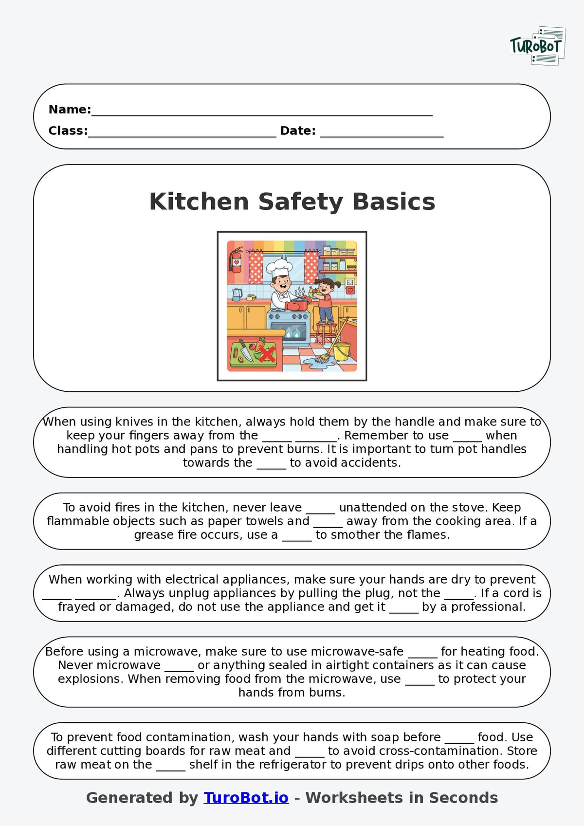 Year 5 Family and Consumer Science Fill in the Blanks Worksheet – Kitchen Safety Basics