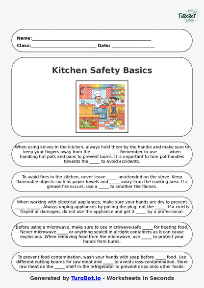Year 5 Family and Consumer Science Fill in the Blanks Worksheet – Kitchen Safety Basics