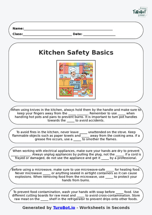 Year 5 Family and Consumer Science Fill in the Blanks Worksheet – Kitchen Safety Basics