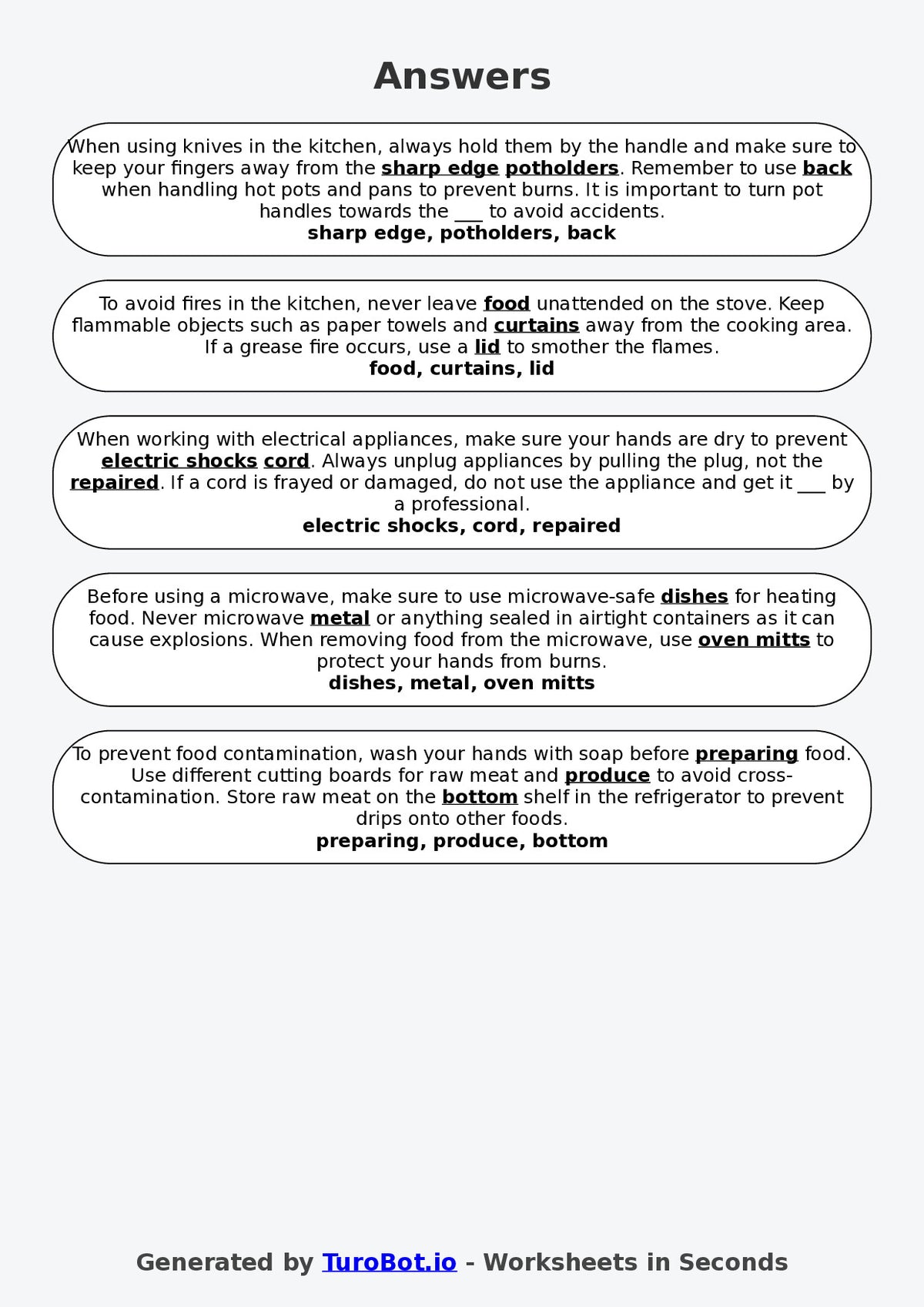 Year 5 Family and Consumer Science Fill in the Blanks Worksheet – Kitchen Safety Basics