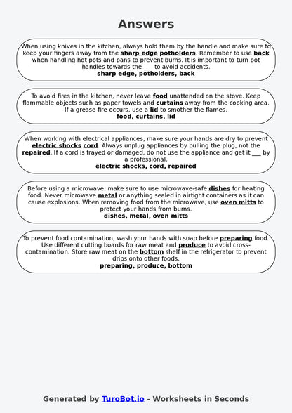 Year 5 Family and Consumer Science Fill in the Blanks Worksheet – Kitchen Safety Basics