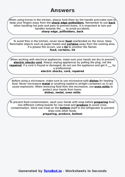 Year 5 Family and Consumer Science Fill in the Blanks Worksheet – Kitchen Safety Basics