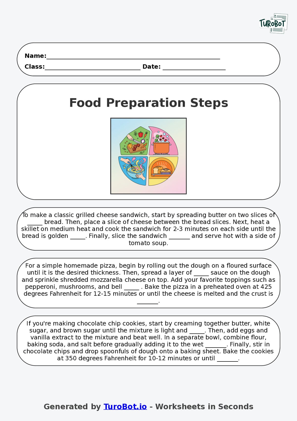 Year 6 Family and Consumer Science Fill in the Blanks Worksheet – Food Preparation Steps