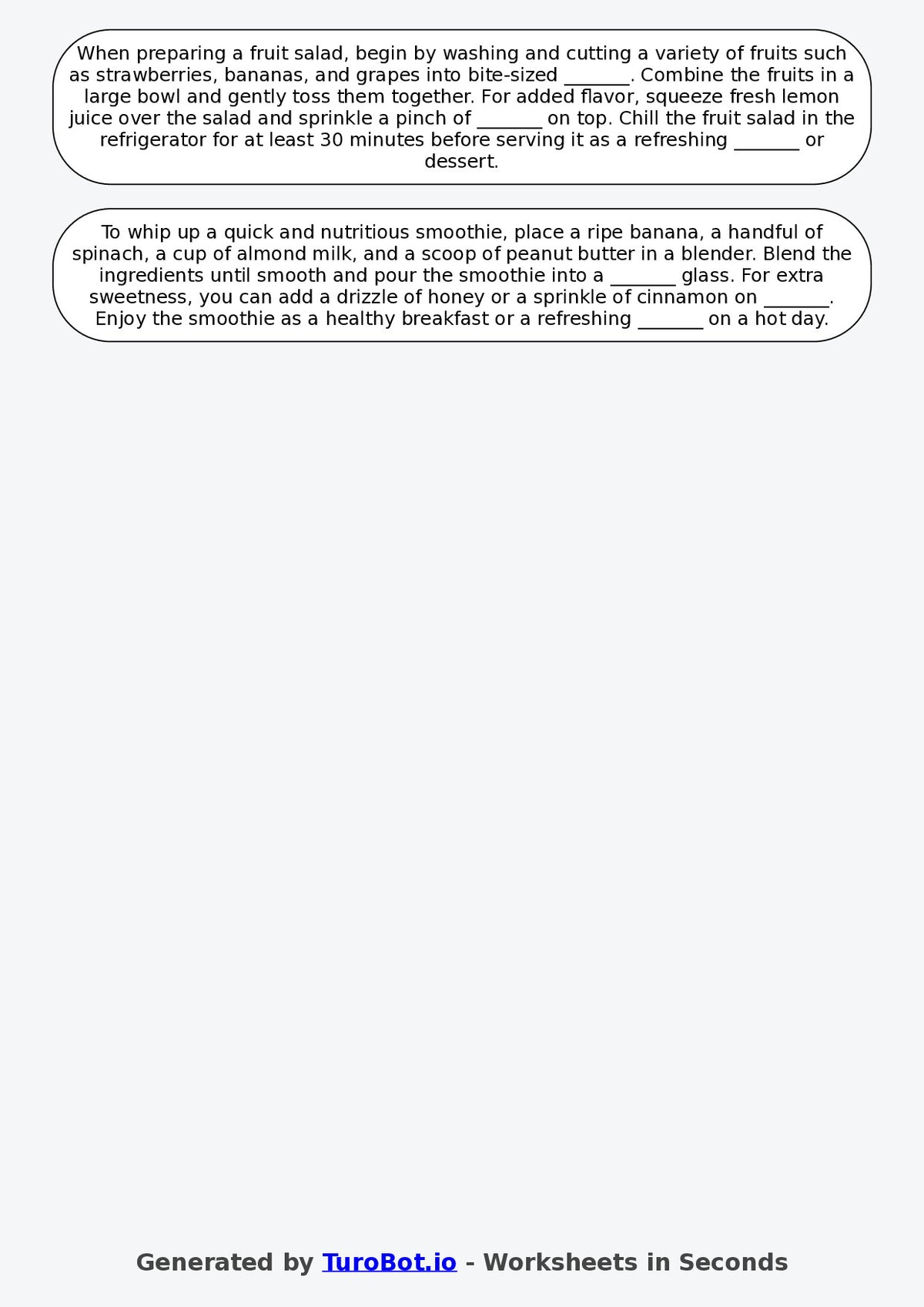 Year 6 Family and Consumer Science Fill in the Blanks Worksheet – Food Preparation Steps