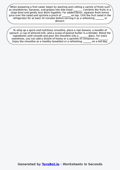 Year 6 Family and Consumer Science Fill in the Blanks Worksheet – Food Preparation Steps