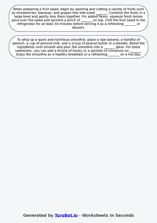 Year 6 Family and Consumer Science Fill in the Blanks Worksheet – Food Preparation Steps