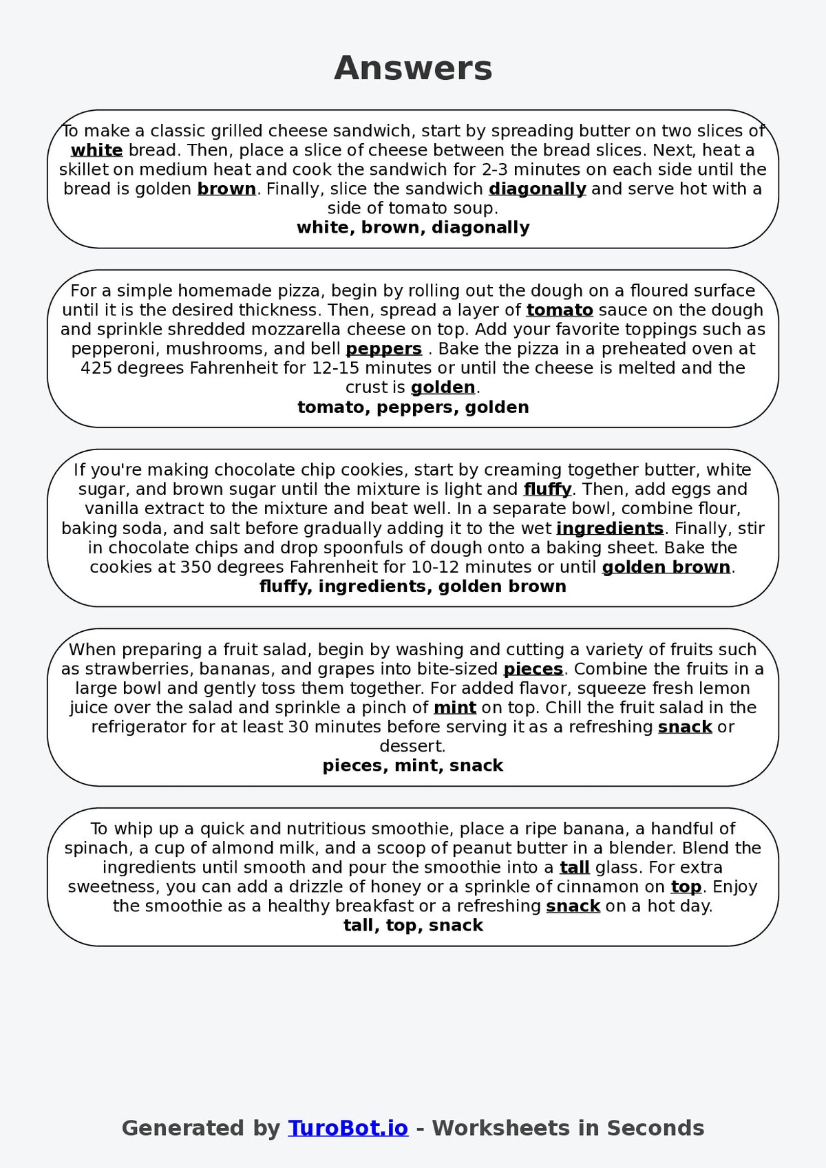 Year 6 Family and Consumer Science Fill in the Blanks Worksheet – Food Preparation Steps