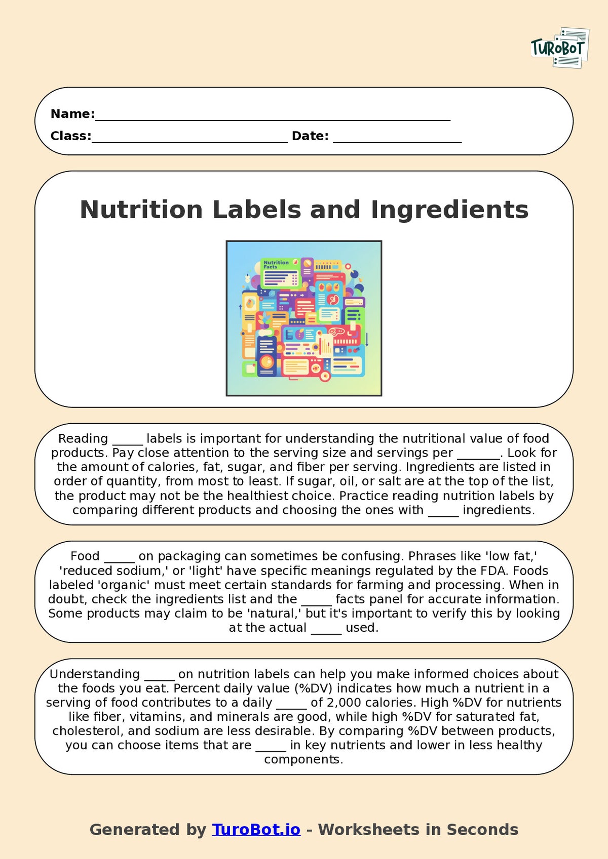Year 6 Family and Consumer Science Fill in the Blanks Worksheet – Nutrition Labels and Ingredients