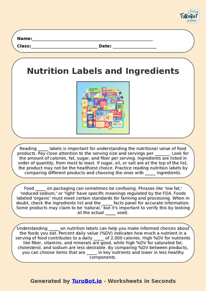 Year 6 Family and Consumer Science Fill in the Blanks Worksheet – Nutrition Labels and Ingredients