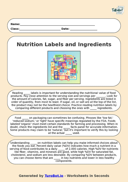 Year 6 Family and Consumer Science Fill in the Blanks Worksheet – Nutrition Labels and Ingredients