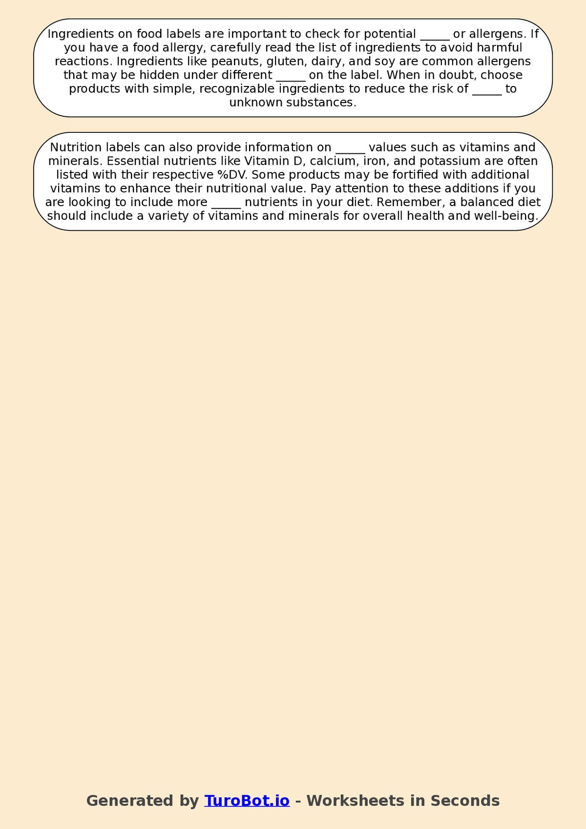 Year 6 Family and Consumer Science Fill in the Blanks Worksheet – Nutrition Labels and Ingredients