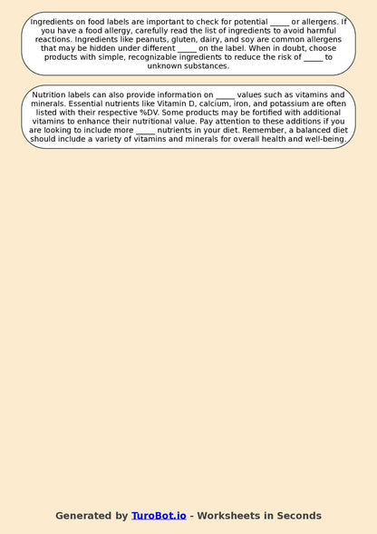 Year 6 Family and Consumer Science Fill in the Blanks Worksheet – Nutrition Labels and Ingredients
