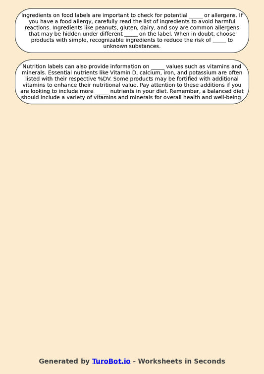 Year 6 Family and Consumer Science Fill in the Blanks Worksheet – Nutrition Labels and Ingredients