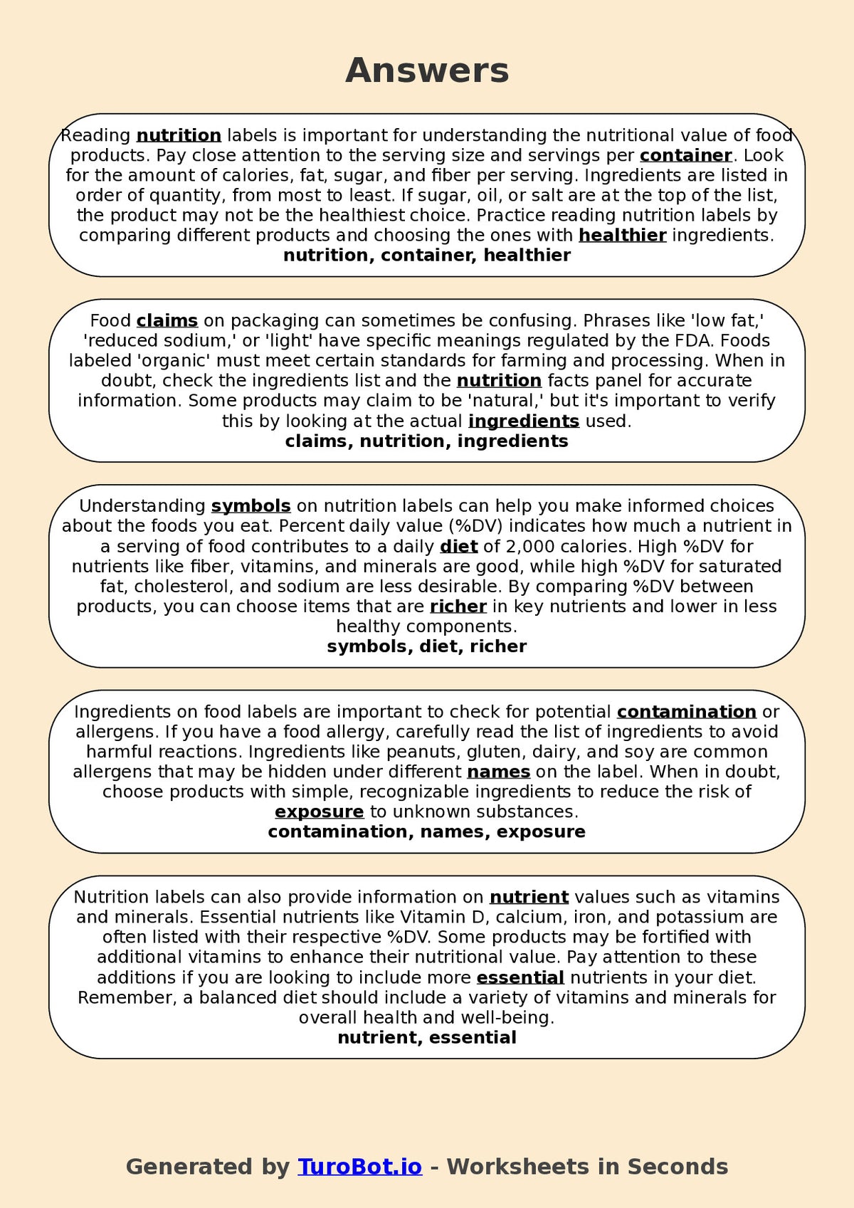 Year 6 Family and Consumer Science Fill in the Blanks Worksheet – Nutrition Labels and Ingredients