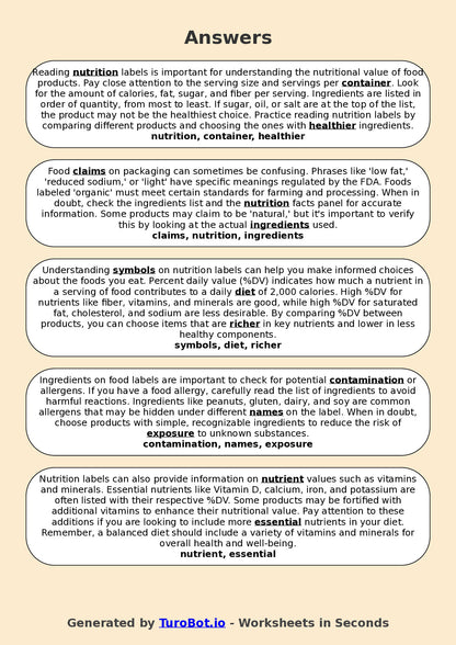 Year 6 Family and Consumer Science Fill in the Blanks Worksheet – Nutrition Labels and Ingredients