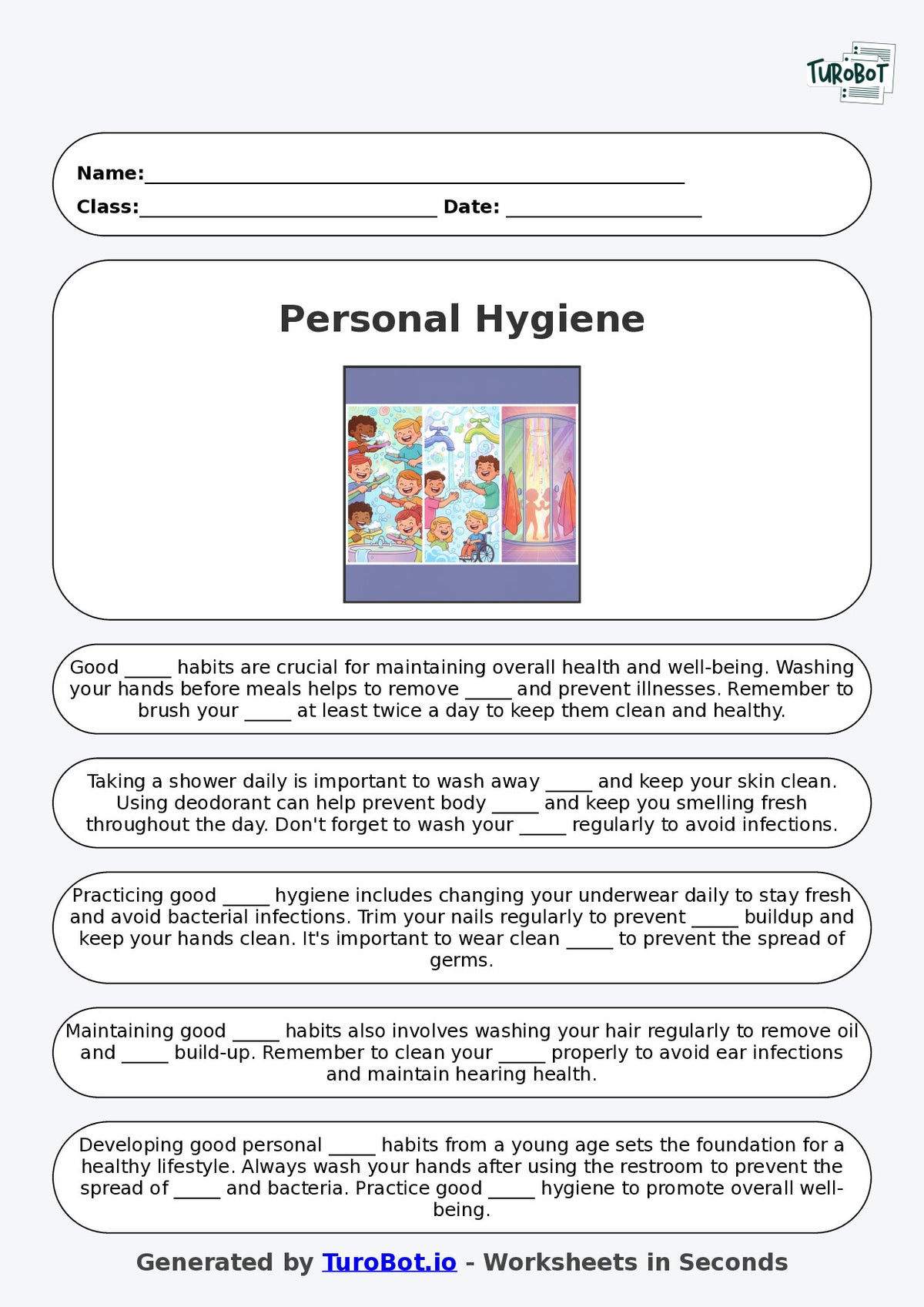 Year 7 Family and Consumer Science Fill in the Blanks Worksheet – Personal Hygiene Habits