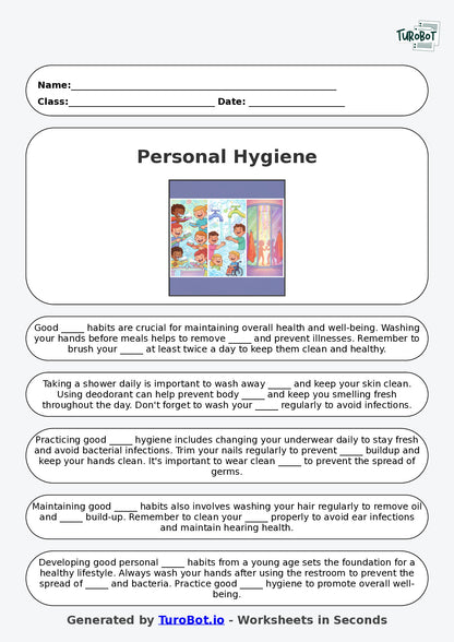 Year 7 Family and Consumer Science Fill in the Blanks Worksheet – Personal Hygiene Habits