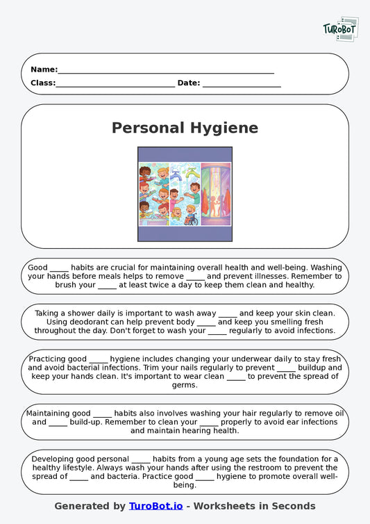 Year 7 Family and Consumer Science Fill in the Blanks Worksheet – Personal Hygiene Habits