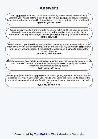 Year 7 Family and Consumer Science Fill in the Blanks Worksheet – Personal Hygiene Habits