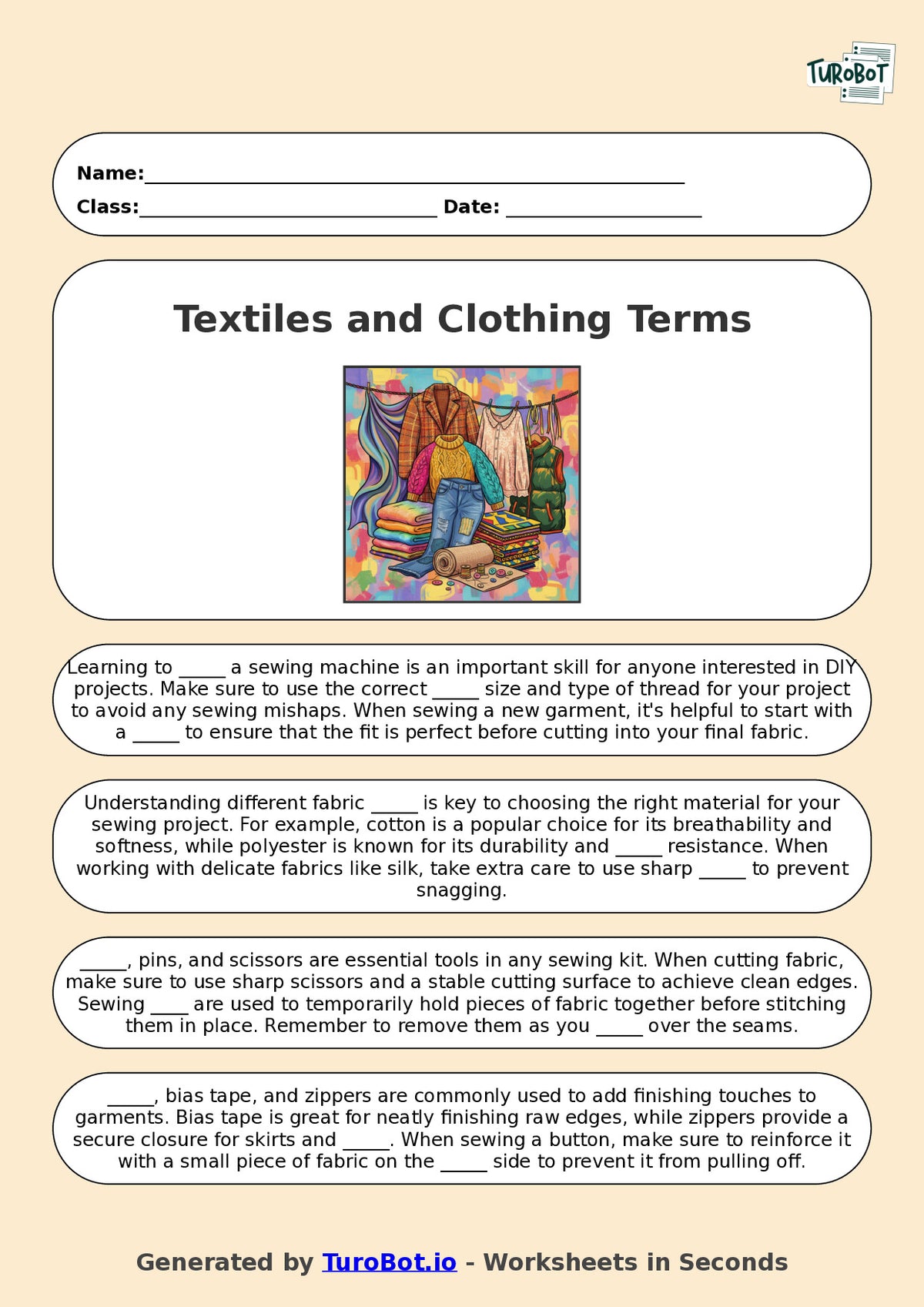 Year 7 Family and Consumer Science Fill in the Blanks Worksheet – Textiles and Clothing Terms