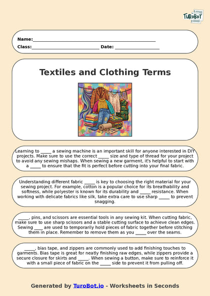 Year 7 Family and Consumer Science Fill in the Blanks Worksheet – Textiles and Clothing Terms