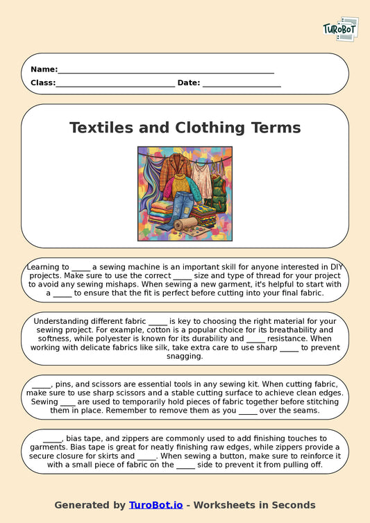 Year 7 Family and Consumer Science Fill in the Blanks Worksheet – Textiles and Clothing Terms
