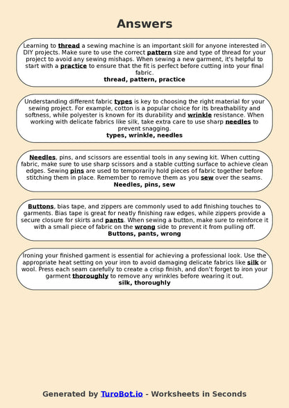 Year 7 Family and Consumer Science Fill in the Blanks Worksheet – Textiles and Clothing Terms
