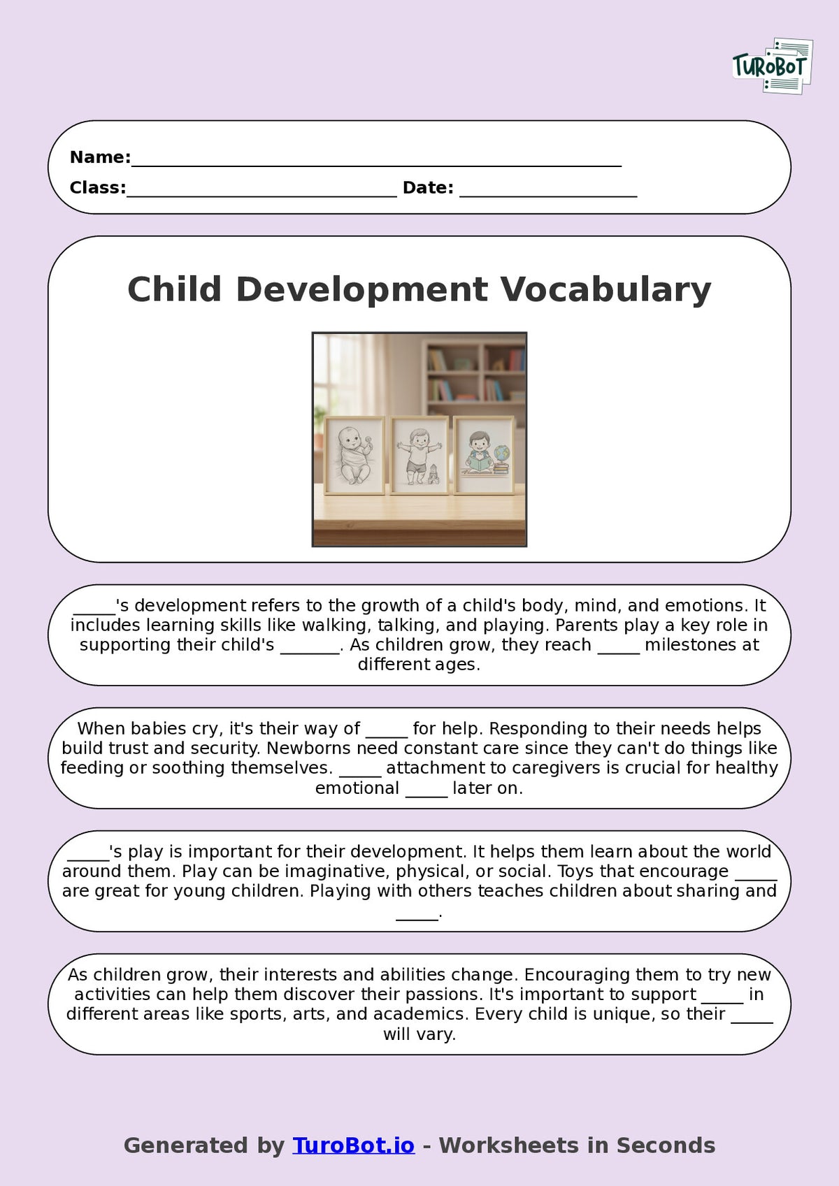 Year 8 Family and Consumer Science Fill in the Blanks Worksheet – Child Development Vocabulary
