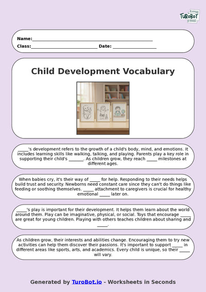 Year 8 Family and Consumer Science Fill in the Blanks Worksheet – Child Development Vocabulary
