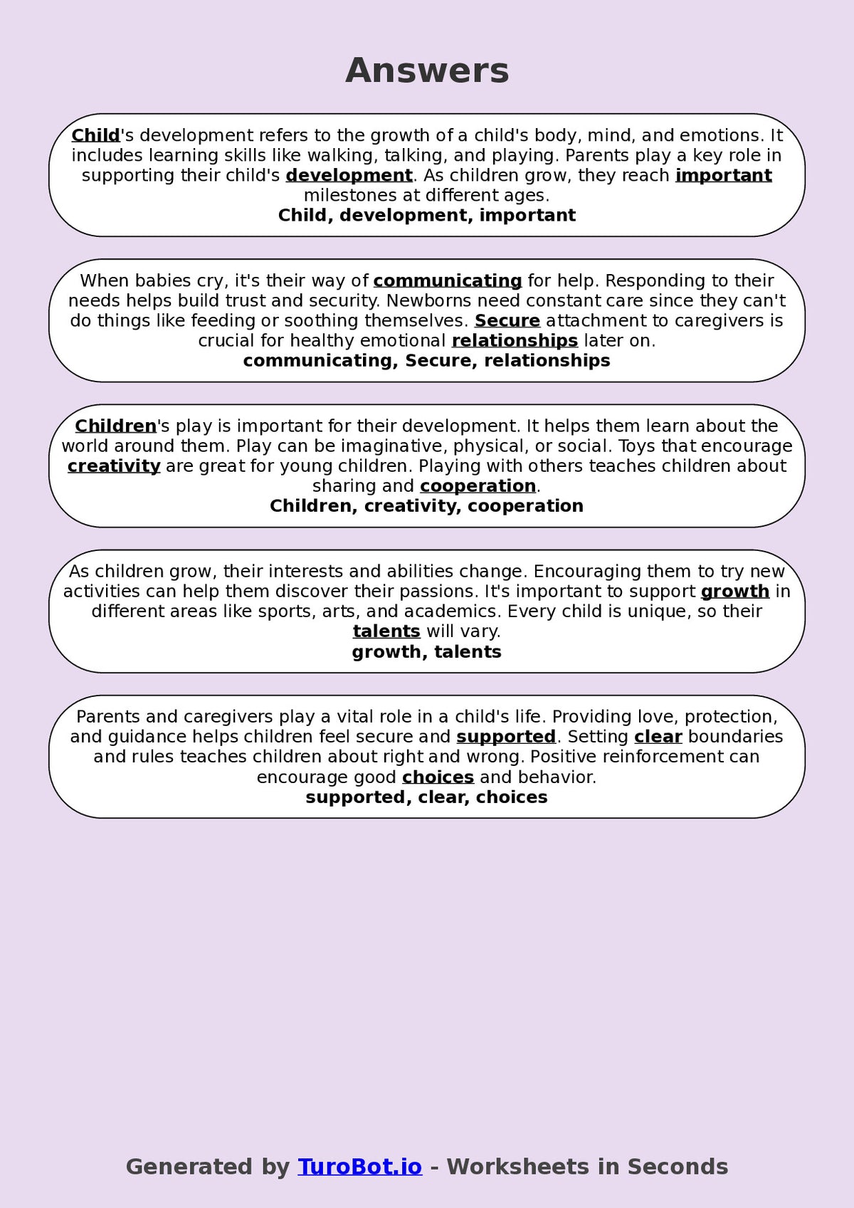 Year 8 Family and Consumer Science Fill in the Blanks Worksheet – Child Development Vocabulary