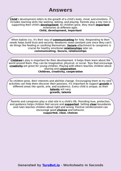 Year 8 Family and Consumer Science Fill in the Blanks Worksheet – Child Development Vocabulary