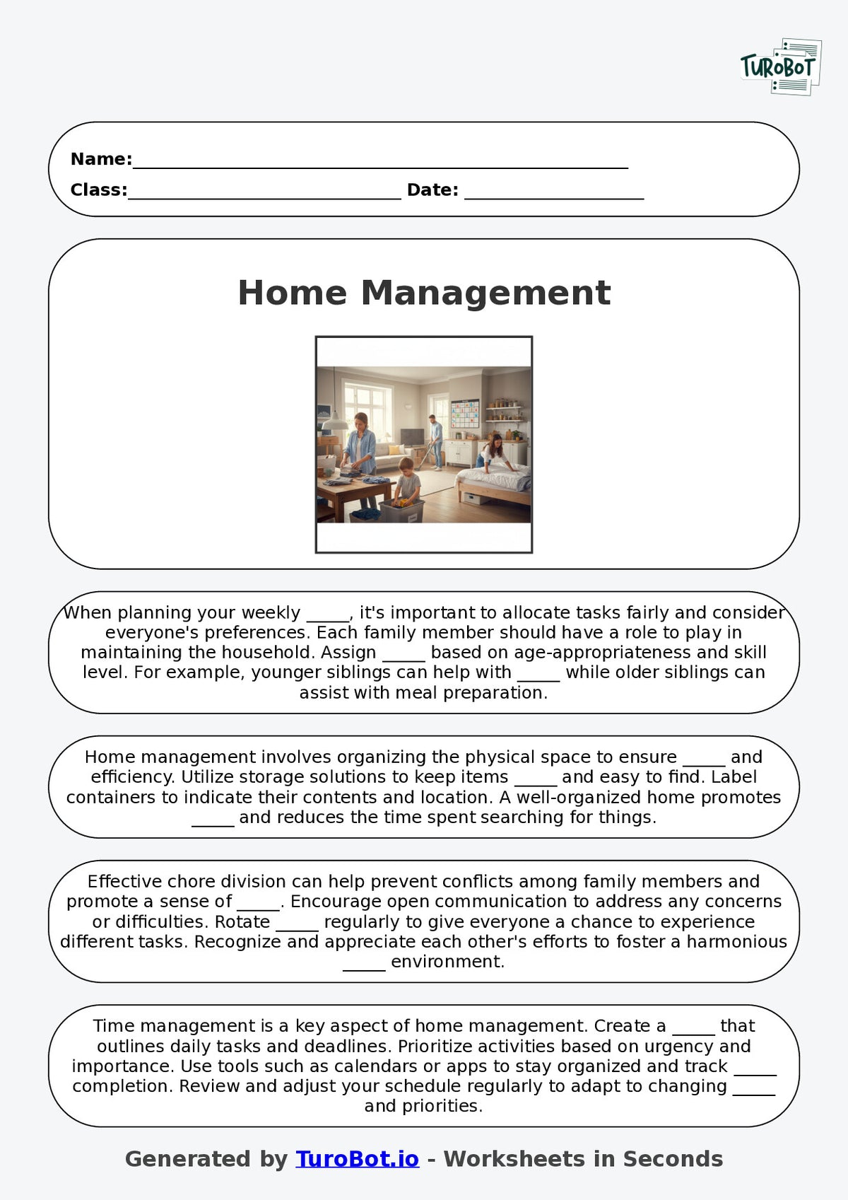 Year 8 Family and Consumer Science Fill in the Blanks Worksheet – Home Management and Chores