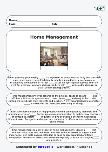 Year 8 Family and Consumer Science Fill in the Blanks Worksheet – Home Management and Chores